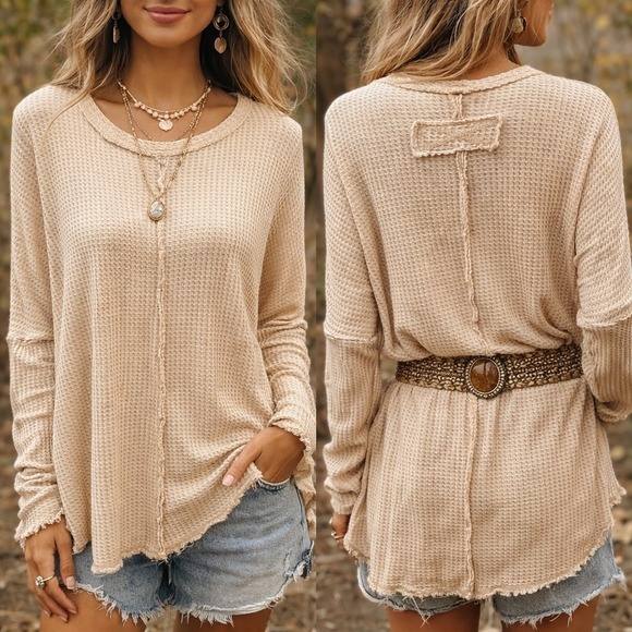 Zenana Tops - Zenana Waffle Knit Long Sleeve Top Beige Tan Raw Edge Seam Thermal L/XL